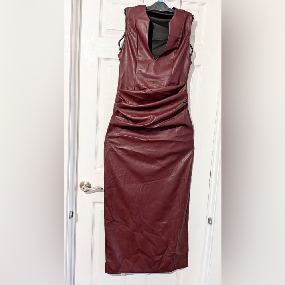 Micas Faux Leather V-neck Ruched Maxi Dress - Picture 8 of 14